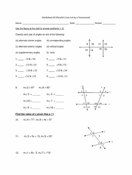 Parallel Lines Cut By A Transversal Worksheet With Answers Pdf